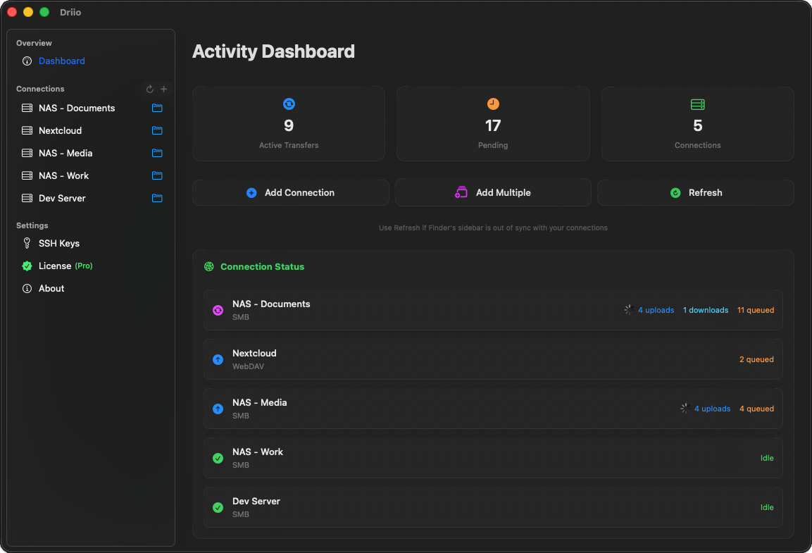 Driio application interface showing connection management